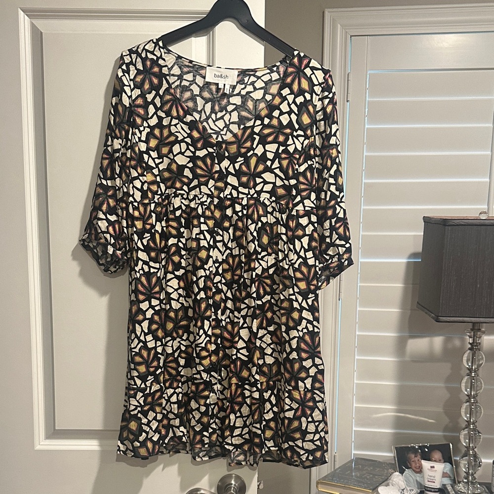 ba&sh Black Mosaic Floral V-Neck Tiered Dress